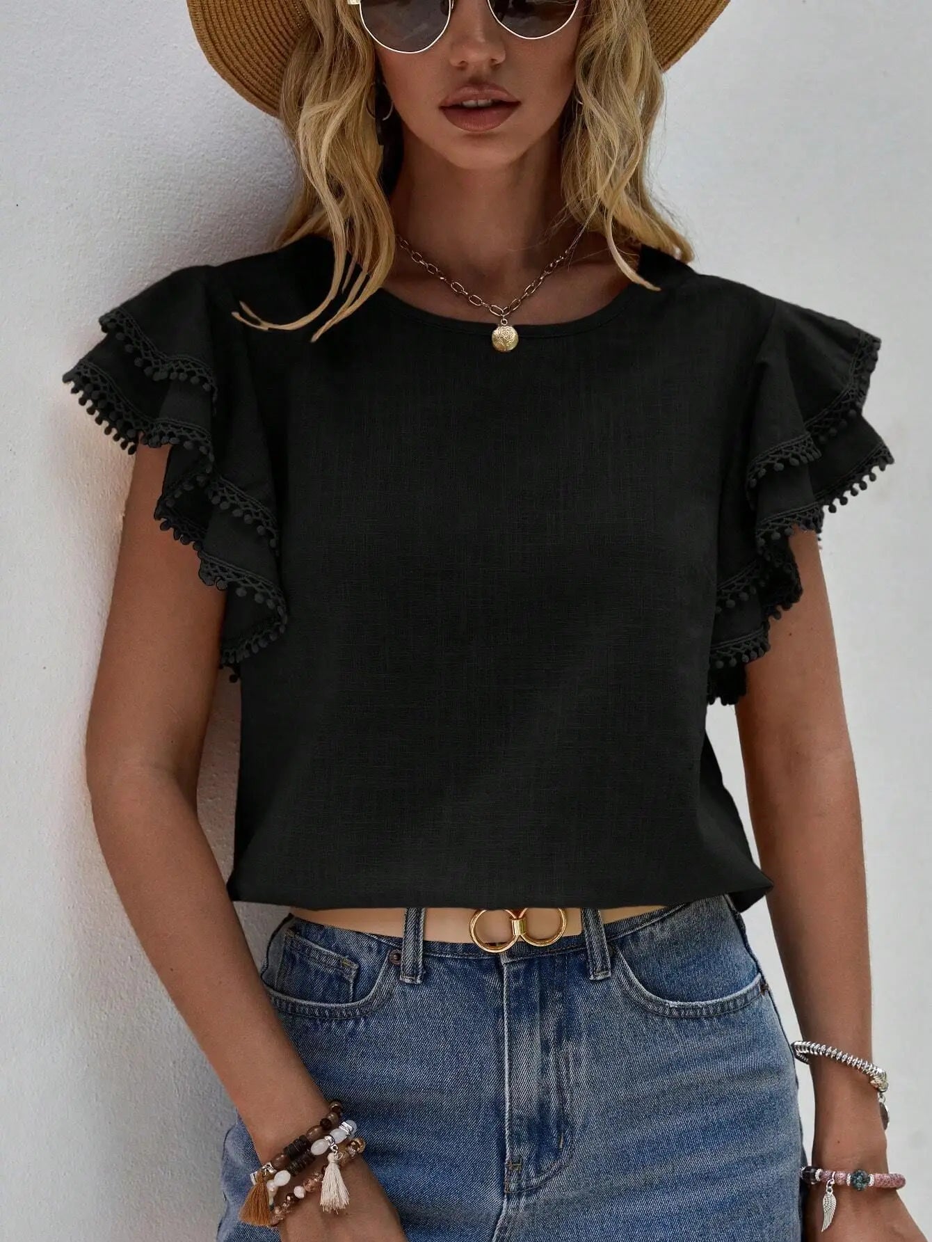Blusa Feminina Casual com Babados e Manga Borboleta