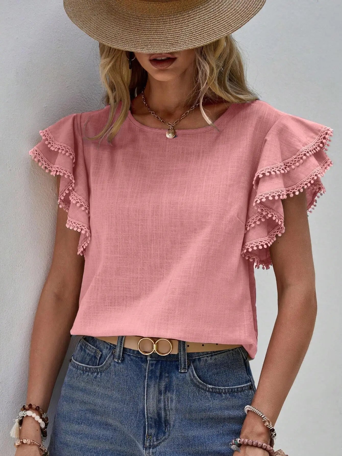 Blusa Feminina Casual com Babados e Manga Borboleta